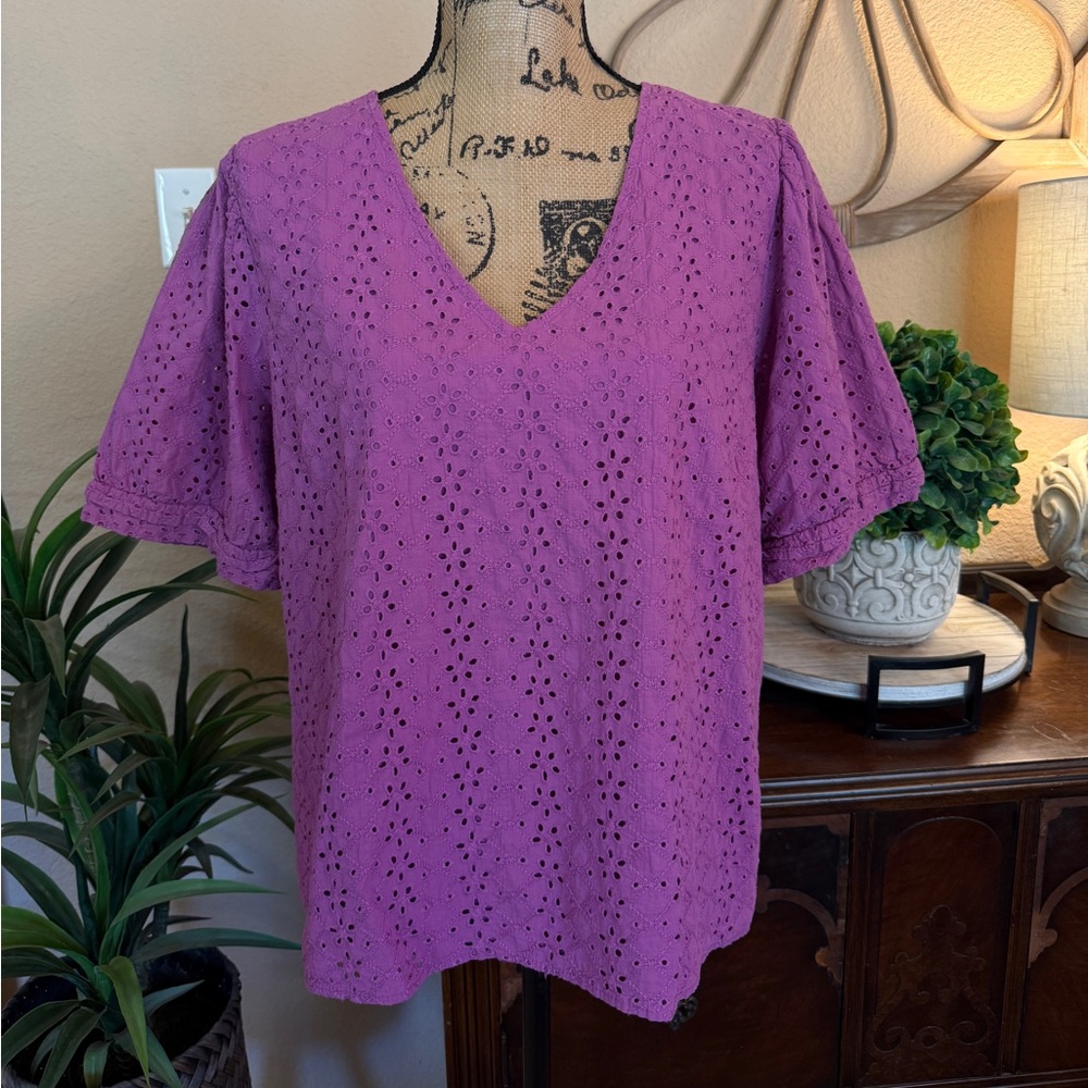 Draper James Purple Eyelet V-Neck Blouse